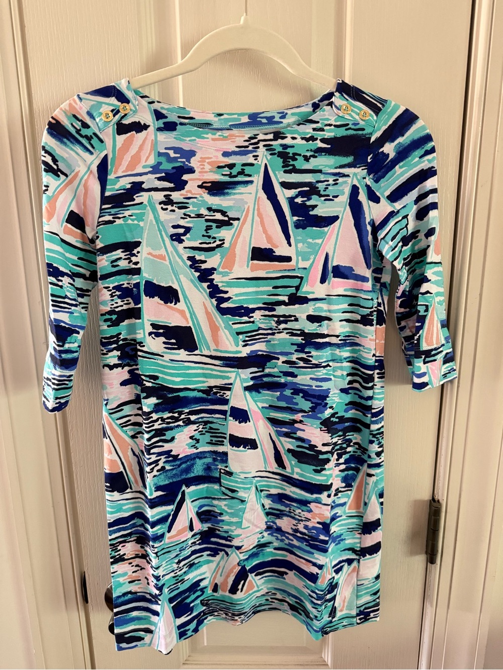 Lilly Pulitzer Girls Sz 8-10 Sailboat Print Dress in Aqua, Navy & Pink EUC